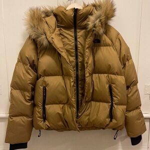 The North Face Women's Tan Quilted Puffer Jacket with Faux Fur Hood